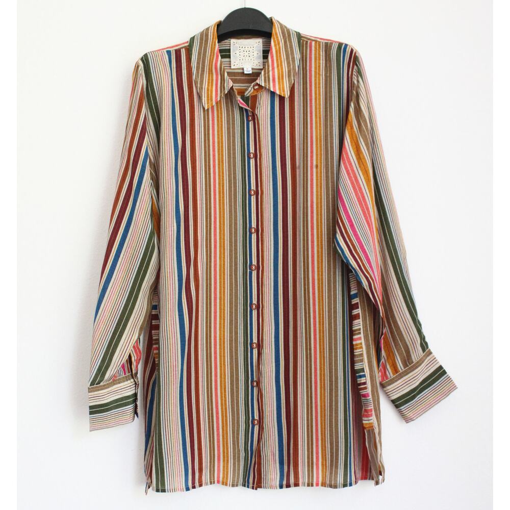 JOHNNY WAS Vichy Side Contrast Slit Silk Shirt Size XL Bohemian $248